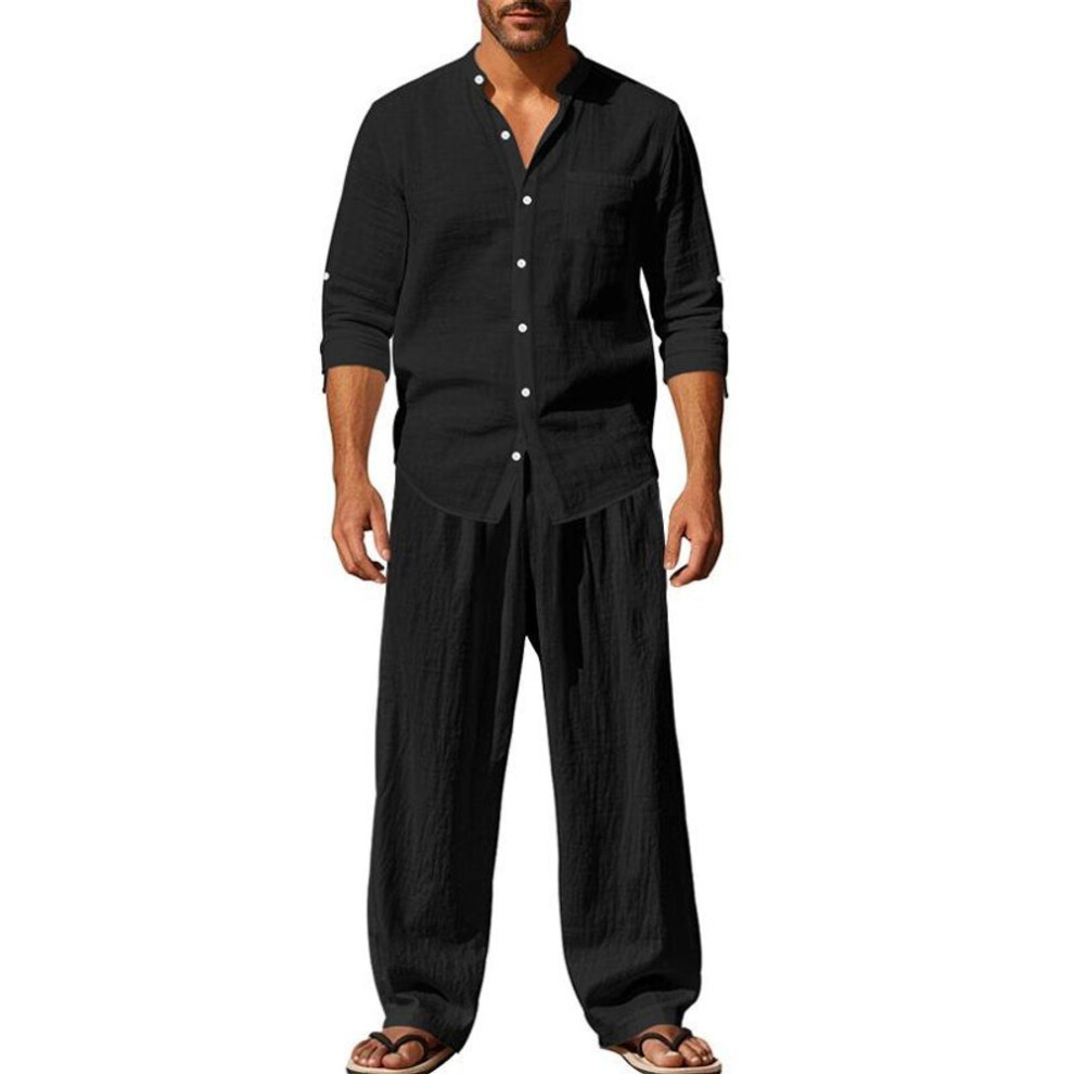 (XS, black) Four Seasons Linen Men's Casual Loose Breathable Long-sleeved Trousers Shirt Beach Suit