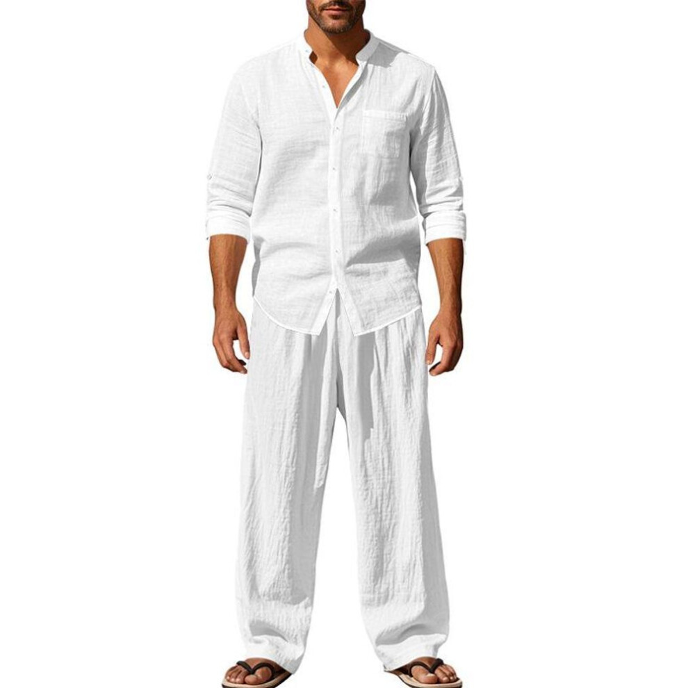 (XS, white) Four Seasons Linen Men's Casual Loose Breathable Long-sleeved Trousers Shirt Beach Suit