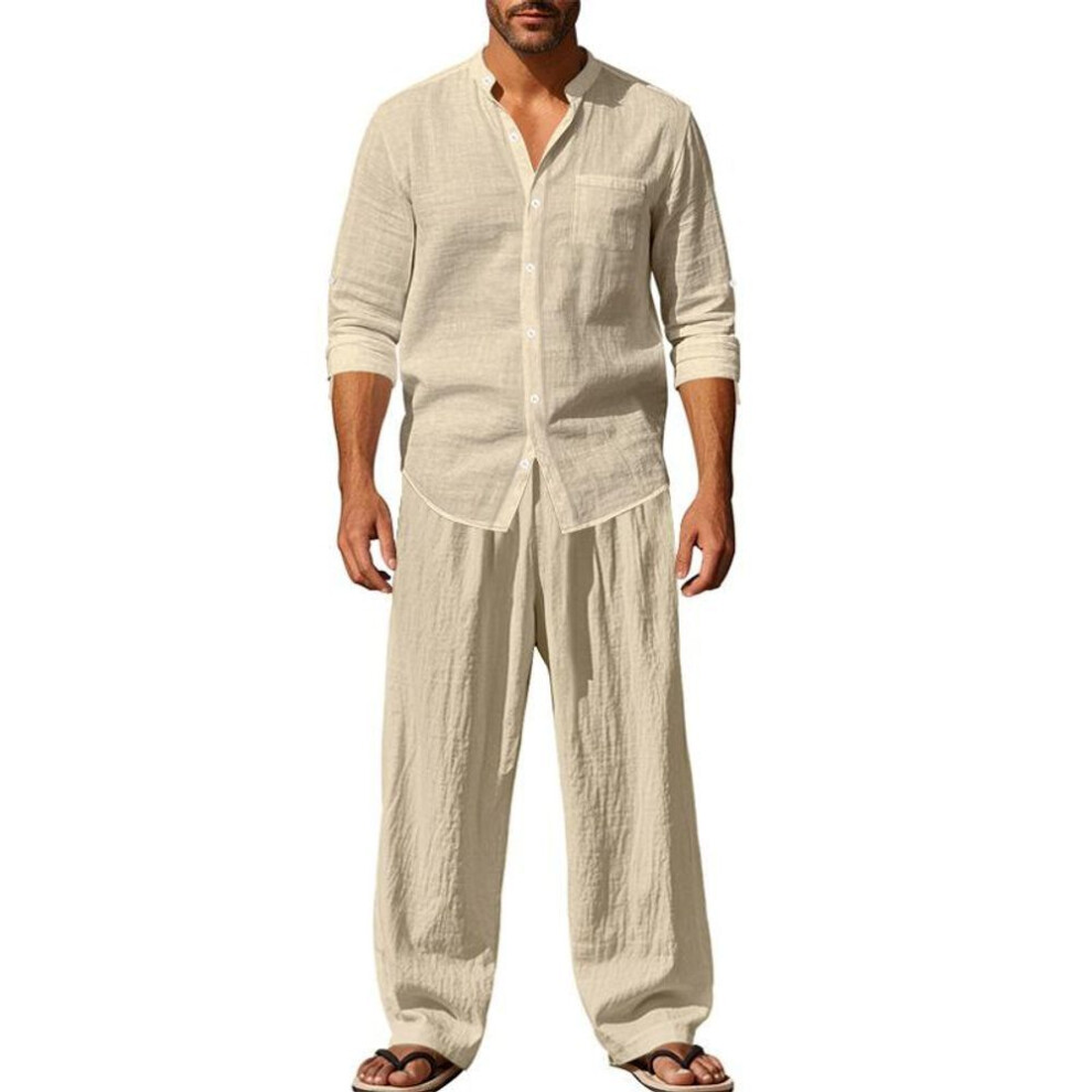 (XL, khaki) Four Seasons Linen Men's Casual Loose Breathable Long-sleeved Trousers Shirt Beach Suit