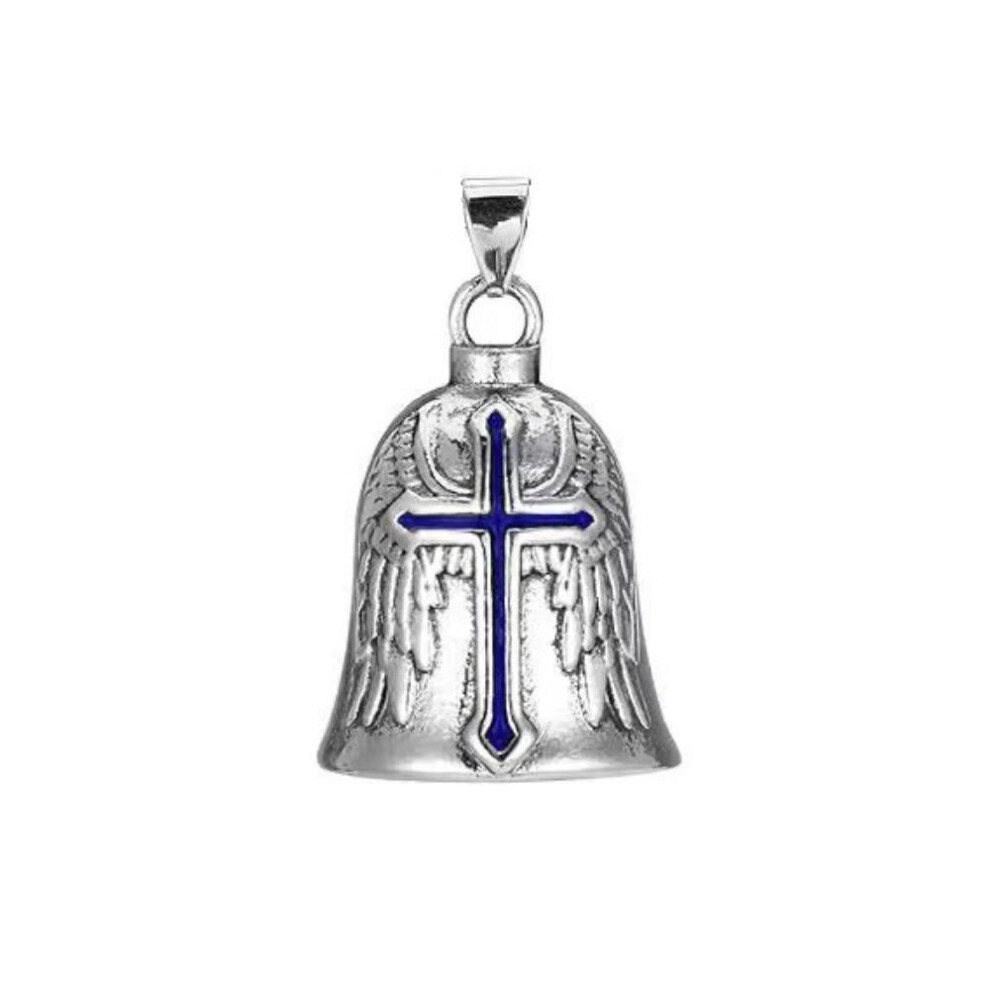 (blue) Retro Motorcycle Guardian Bell Punk Style Biker Good Luck Charm Vintage Cross Pendant Bell  Men
