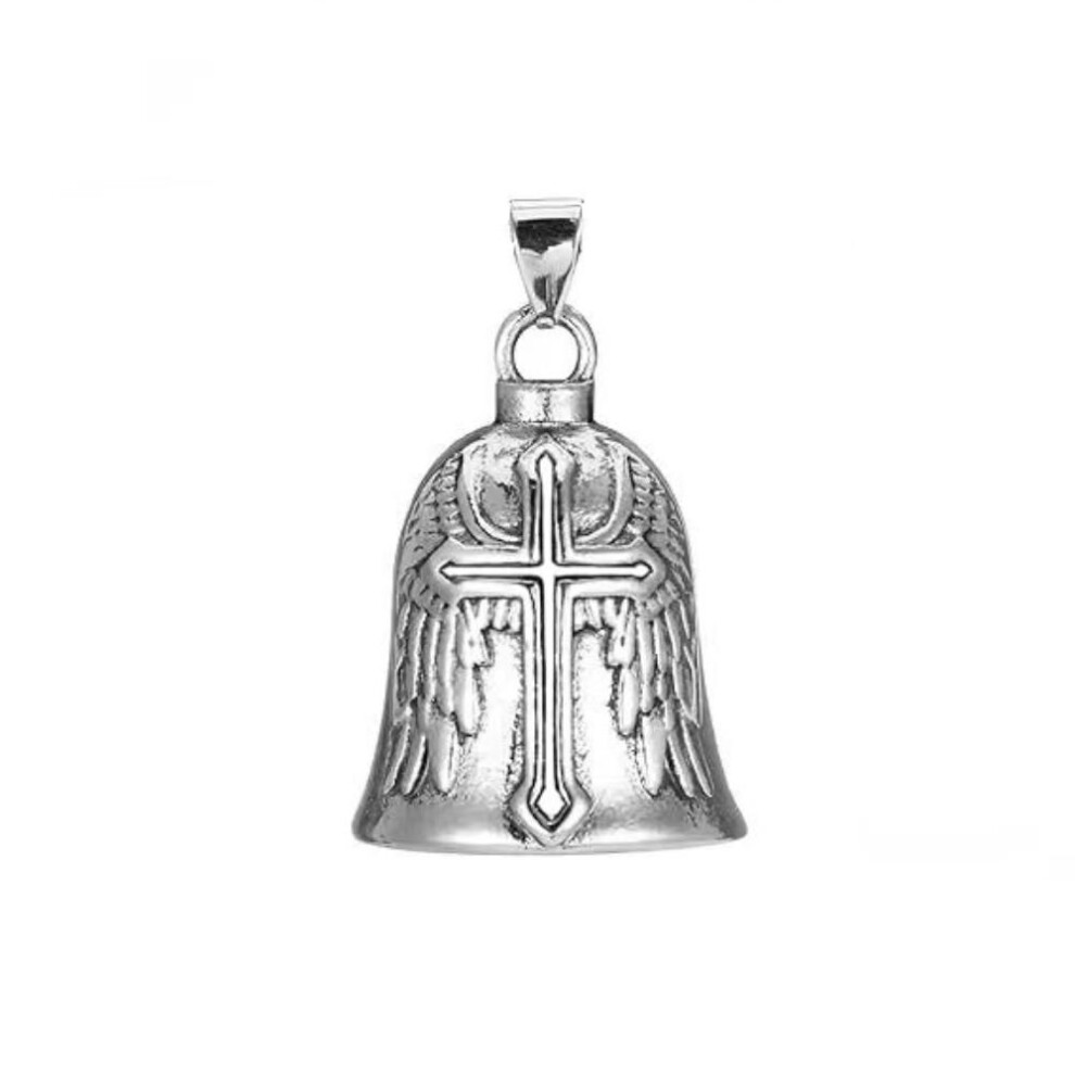 (white) Retro Motorcycle Guardian Bell Punk Style Biker Good Luck Charm Vintage Cross Pendant Bell  Men