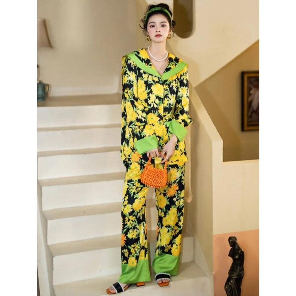 (XL, as the picture) Floral Long-sleeved Pajamas Women's Spring and Autumn High-end Ice Silk Age-reducing Slimming Navy Collar Home Suit