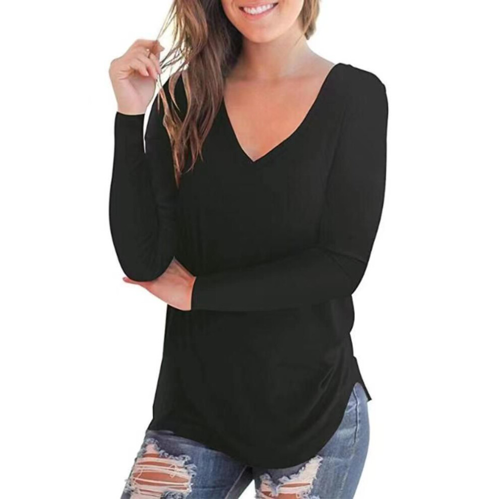 (L, black) V-Neck Long-Sleeve Women's Solid Color Shirt, 2022 European & American Style