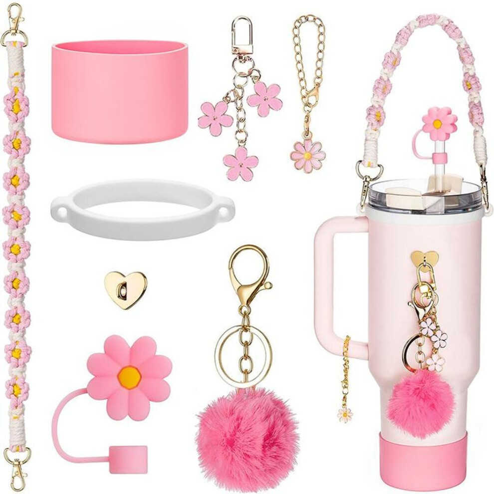 (pink) Stanley Cup Accessories Set Including Silicone Straw Cover, Silicone Boot, Water Bottle Handle Strap, Stanley Charms