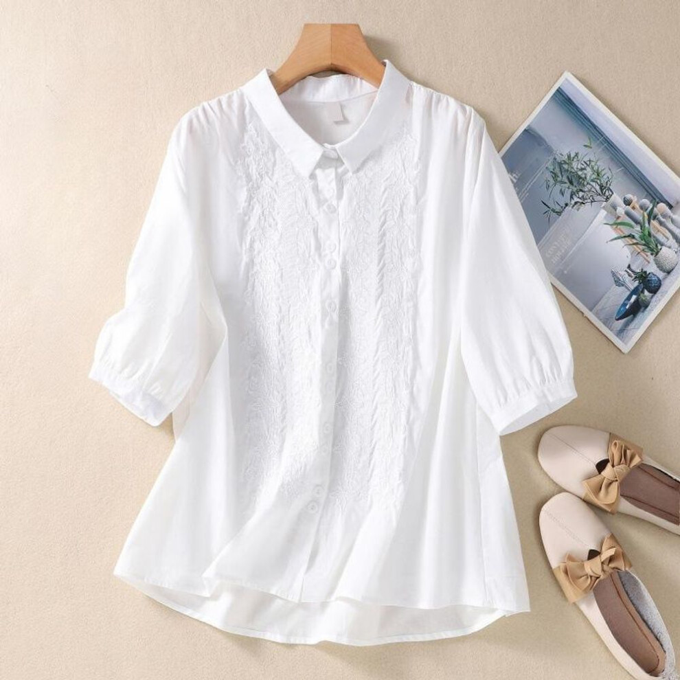 (2XL, white) Seven Quarter Sleeve Embroidered Cotton Linen Shirt Women's Artistic Retro Design Sense Top for Spring Summer Shirt