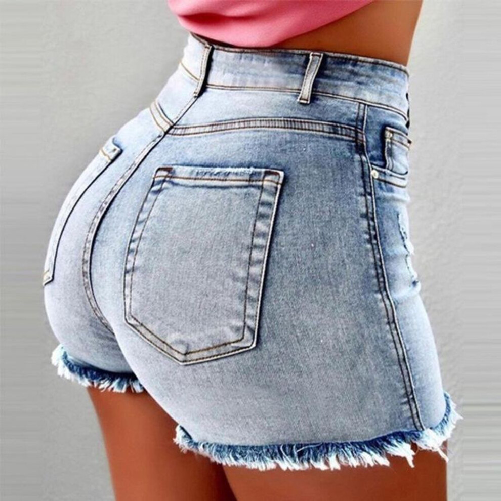 (light blue, 2XL) Women's High Waist Tassel Denim Shorts