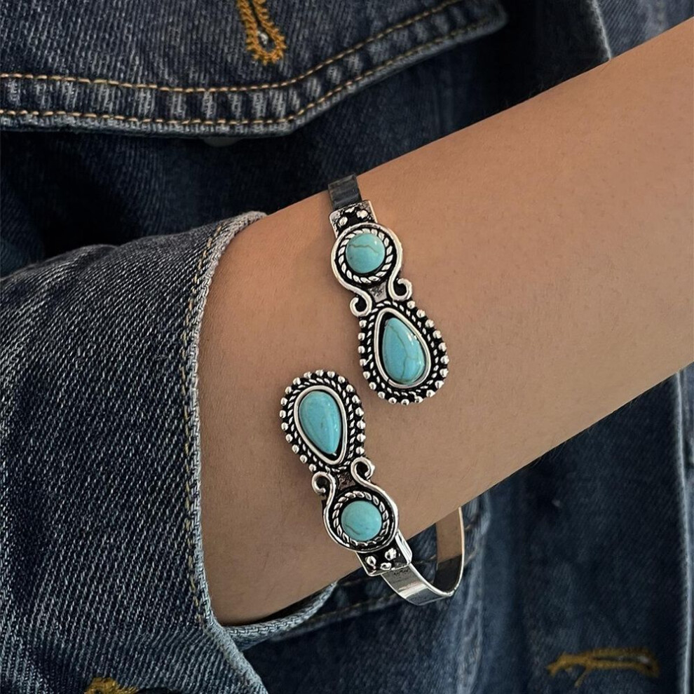 (as the picture, 1PCS) 1/2PCS Bohemian Blue Droplet Stone Adjustable Bracelet for Women Vintage Sun Star Ethnic Pattern Chain Accessories Fashion Jewelry Gift