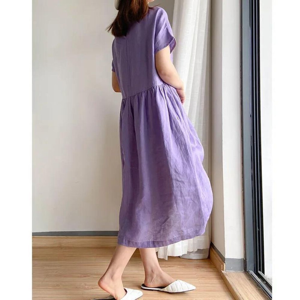 (purple, L) Ladies Summer Casual Slim Cotton Dress Mid-length Slim Fit A-line Short Sleeve O-neck High Waist
