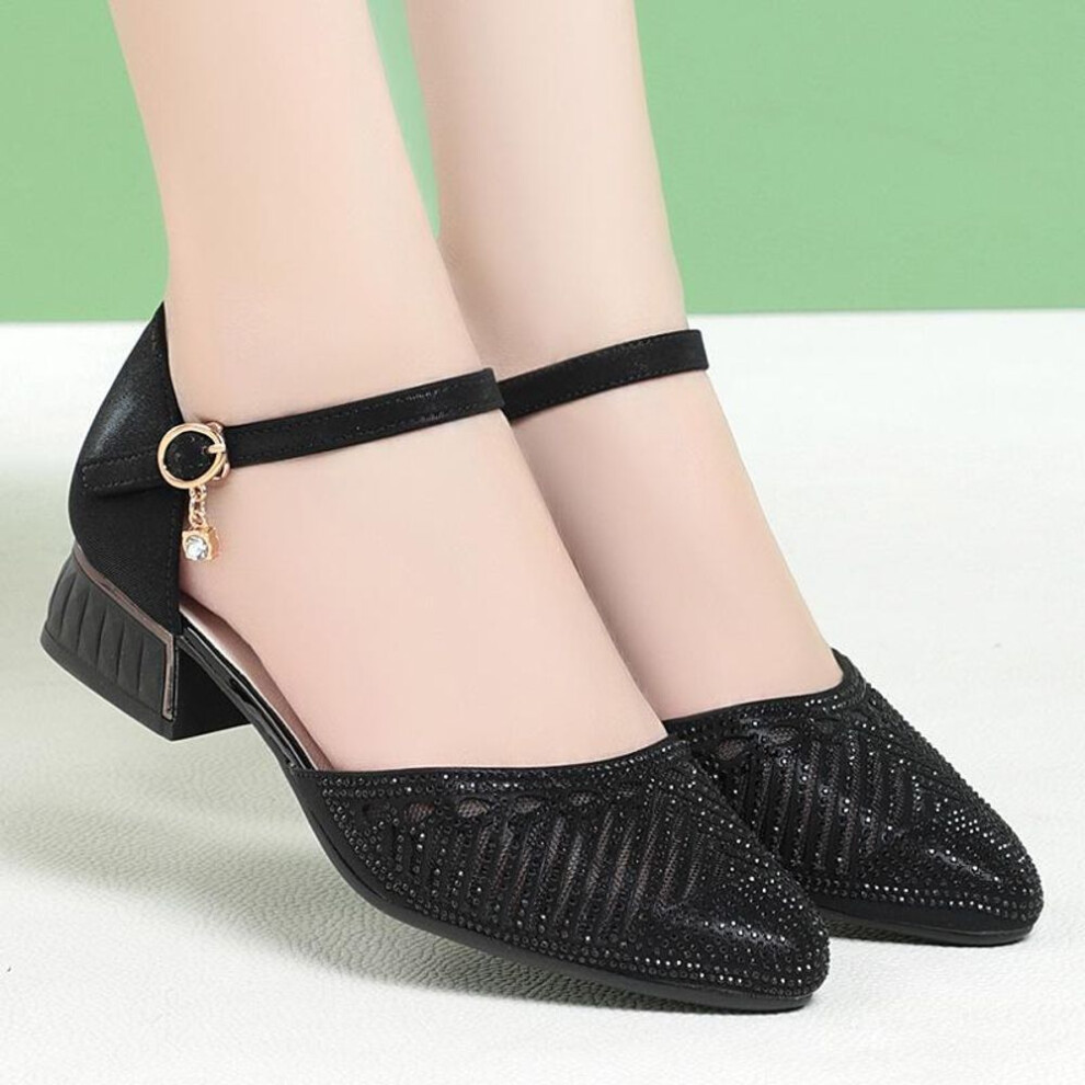 (black, 36) Women's Mesh Sandals - Hollow Summer Design, Low Heel, Soft Sole with Buckle, Perfect for Middle-Aged & Elderly Mothers' Dance Shoes
