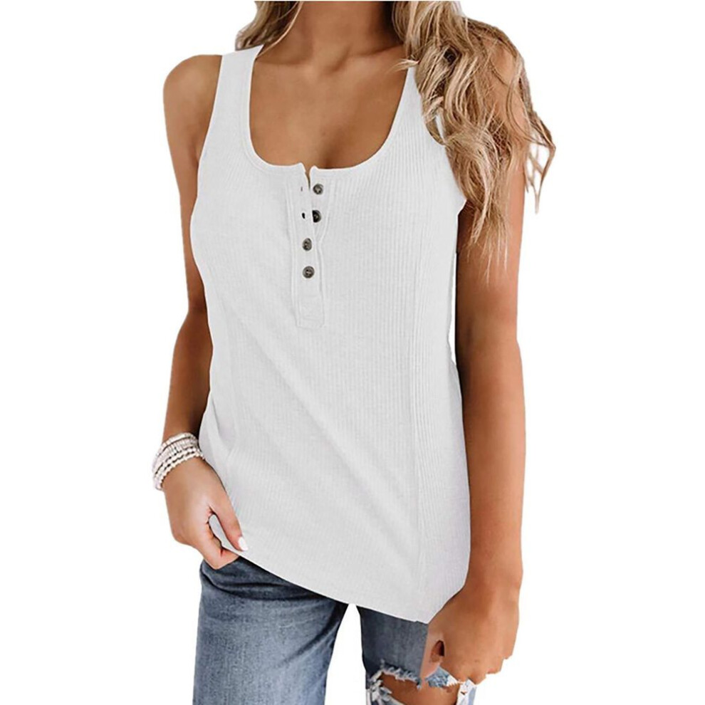 (XXXXXL, white) Fashion Womens Round Neck Sleeveless Camisole Button Solid Color Vest Blouse Easy Tops