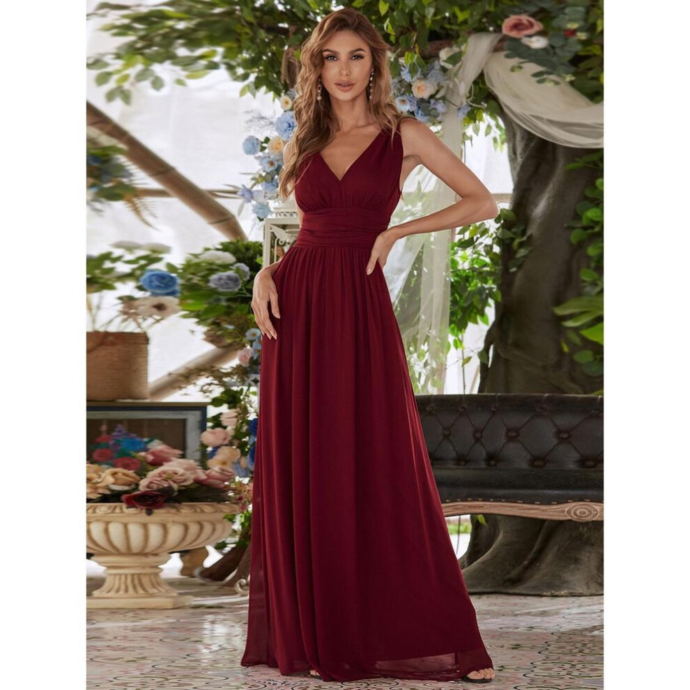 (burgundy, L) Ever-pretty Women&apos;s Chiffon Pleated Double V-neck Maxi Evening Dresses Sleeveless Bridesmaid Dress