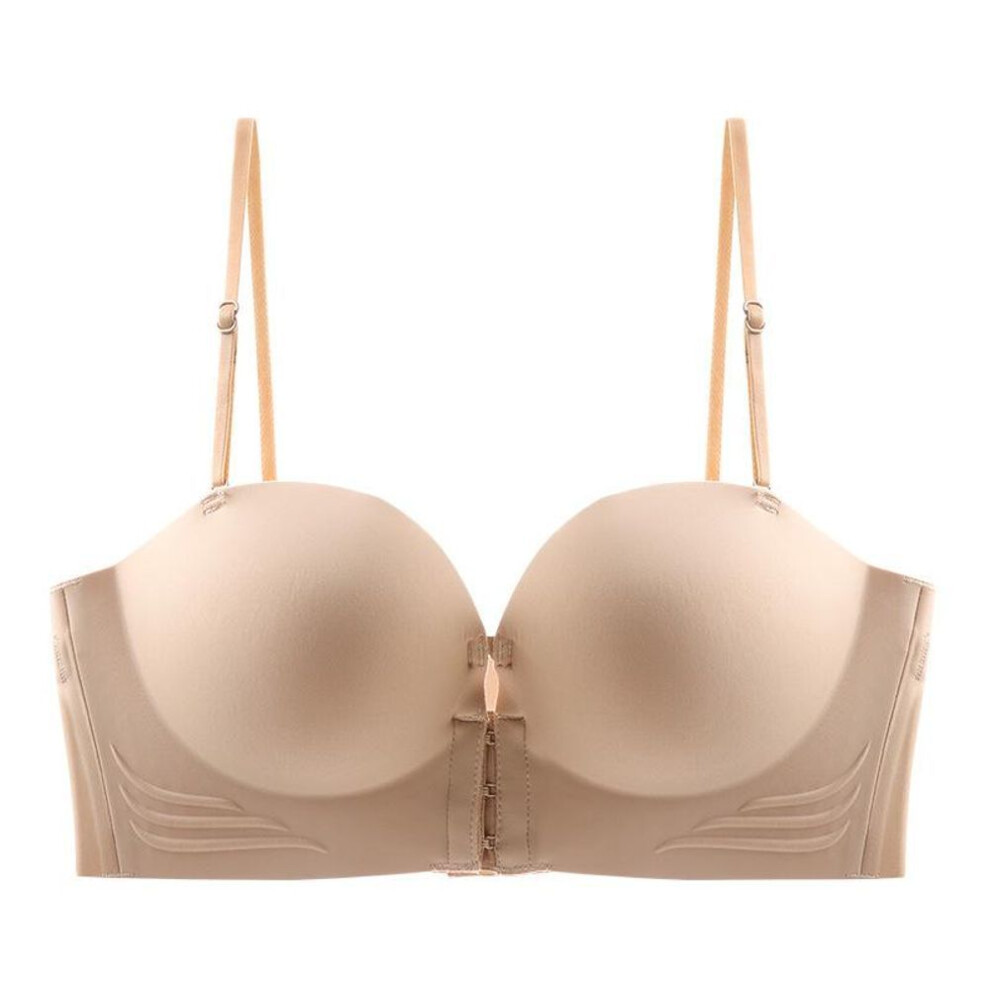 (beige, M) Women Sexy Push Up Bra Front Buckle Strapless Thick Sponge Anti-slip Small Chest Bra Gathered Comfortable Breathable Underwear Lingerie Bralettes