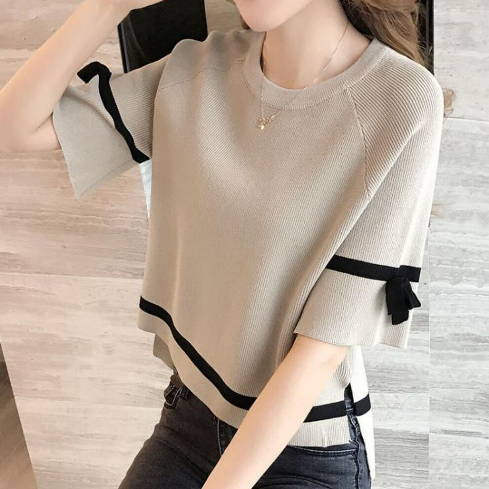 (3XL, dark brown) Summer New Women's Knitted T-shirt Short Sleeve Loose Fashion Gentle Style Knitted Shirt
