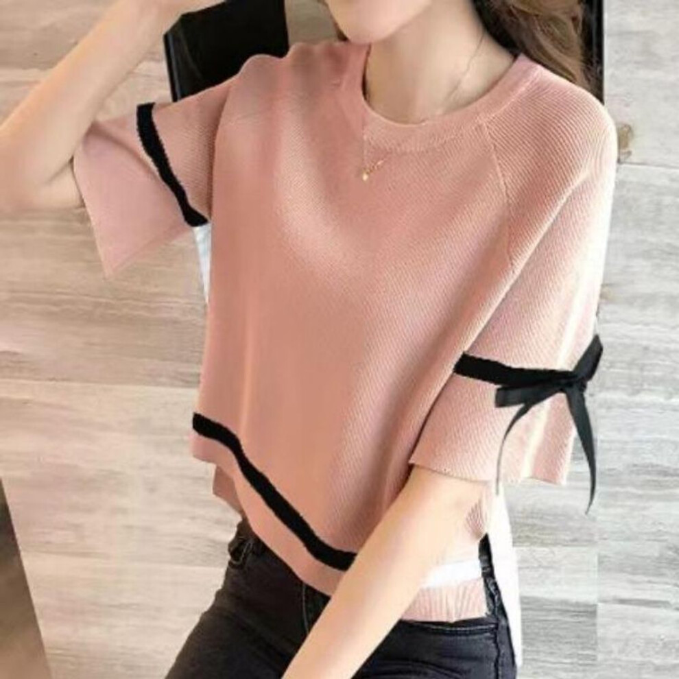 (2XL, pink) Summer New Women's Knitted T-shirt Short Sleeve Loose Fashion Gentle Style Knitted Shirt