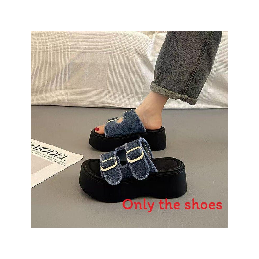 (Denim,38)Chaussons à semelles épaisses été femme denim décoration boucle métal pour usage quotidien