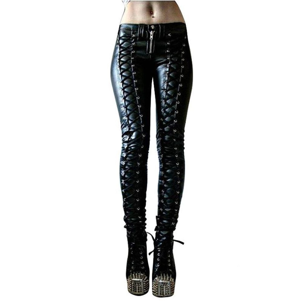 (black, XXXXL) Women Casual Slim Leather Pants Spring and Autumn Pants Solid Color Middle Waist Zipper Print