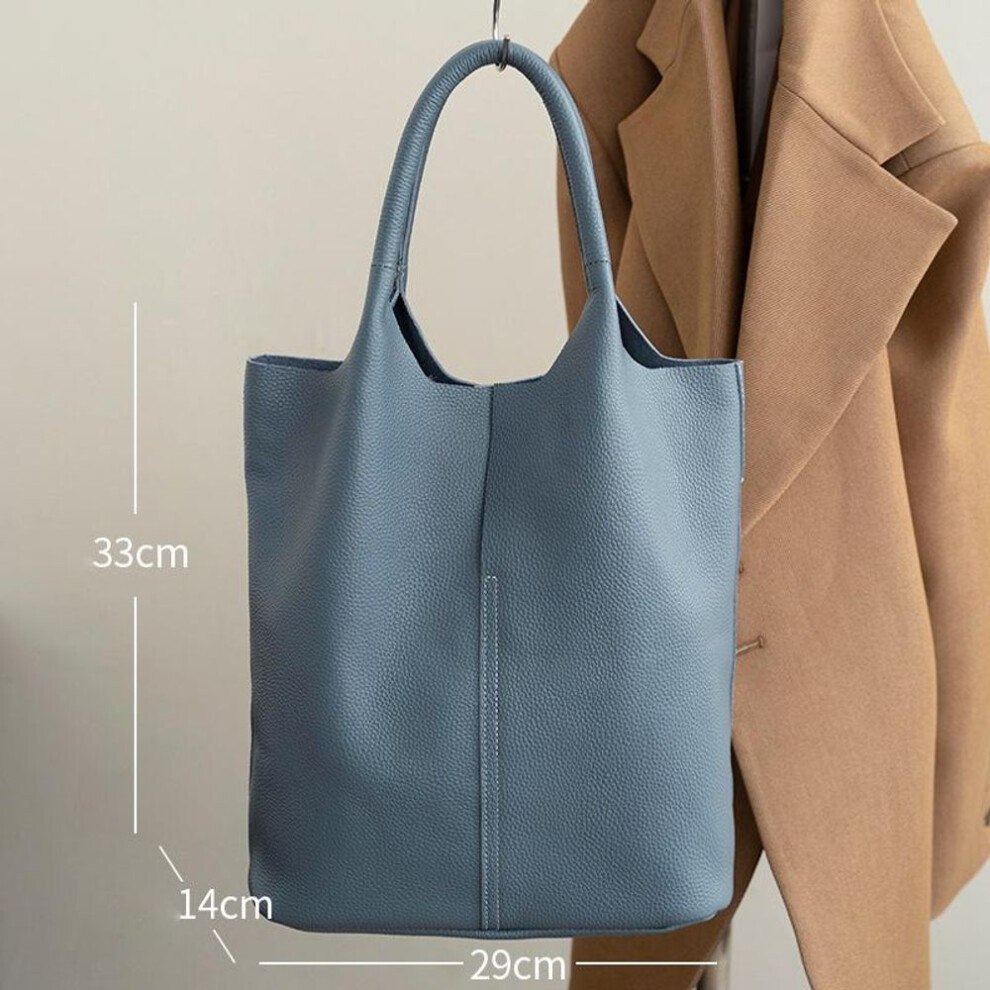 (blue) Genuine Leather Commuter Tote Bag Simple Ladies Soft Cowhide Tote Shoulder Handbag Large Capacity Women Bucket Bag 2025 New