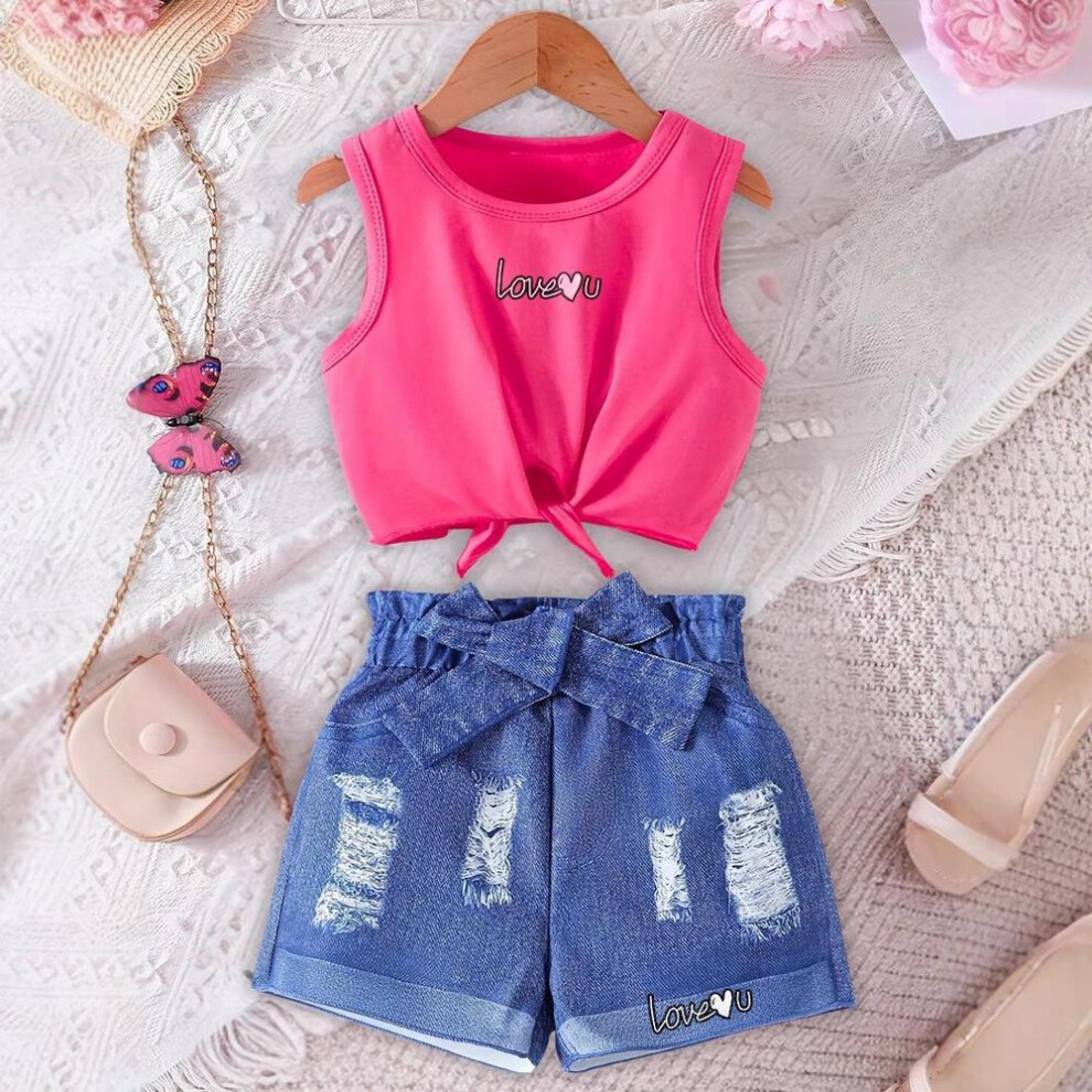 (rose red, 5-6Y) Girls Fashion Printed Vest Set Summer Suitable for 1-8 Years Old Children Leisure Outdoor Sports Set