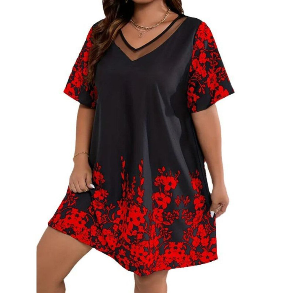 (red, XL) GMXIA Plus-size Women's Loose Comfortable Casual Positioning Printed Mesh Short Sleeve Dress