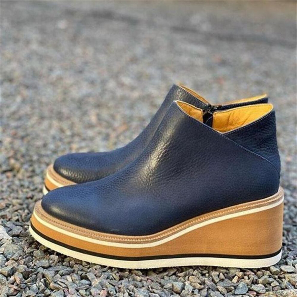 (blue, 41) Autumn Ankle Boots Women Fashion Leather Wedge Heel Platform Women's Shoes Short Boots High Heels Boots Botas De Mujer