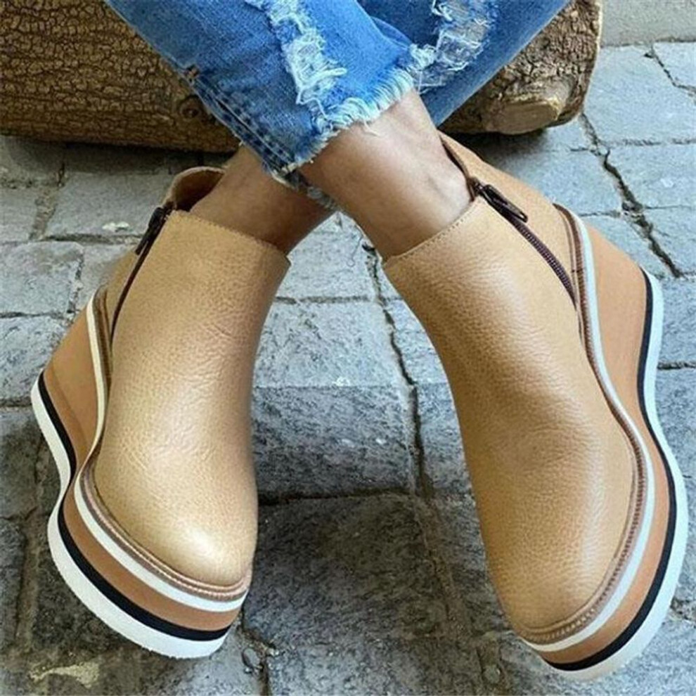 (gold, 38) Autumn Ankle Boots Women Fashion Leather Wedge Heel Platform Women's Shoes Short Boots High Heels Boots Botas De Mujer
