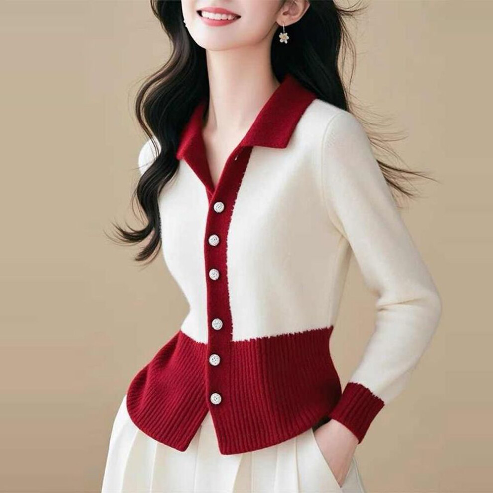 (3XL, red) ZANZEA Women Lapel Long Sleeve Contrast Color Knit Shirts