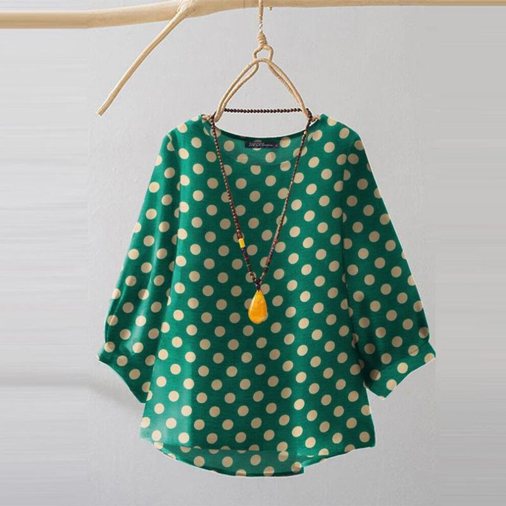 (2XL, green) ZANZEA Women Daily Casual Round Neck Polka Dots Loose 3/4 Sleeve Blouses