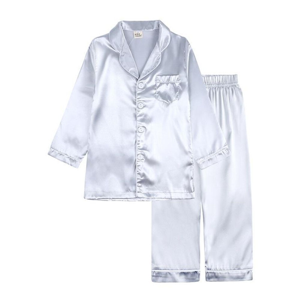 (white, 140) Spring Autumn Children Silk Homewear Suit Long Sleeved Boys and Girls Silk Baby Ice Silk Nightgown Set Solid Color