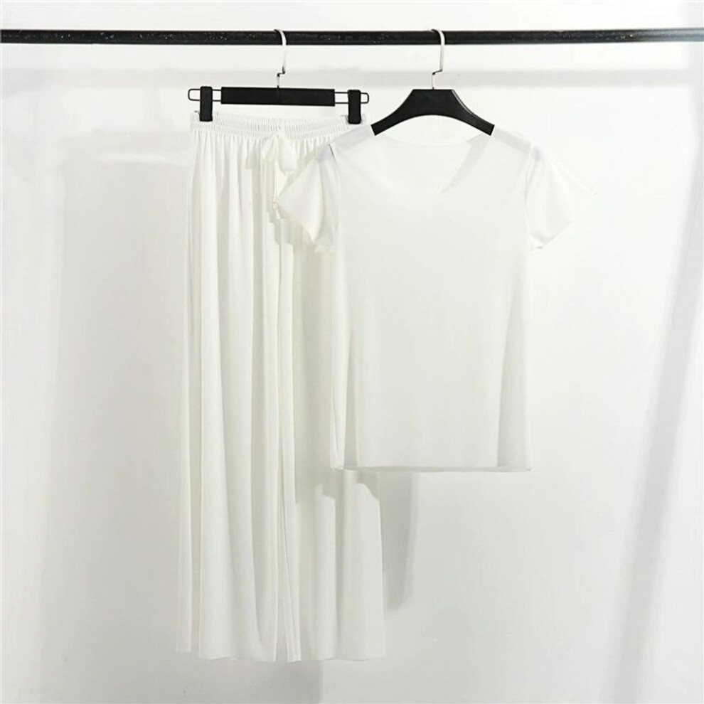 (2XL, white) Women's Summer Solid Color Loose Comfortable Set of Short-sleeved Casual Pullover Top + Pants Homewear Two-piece Set