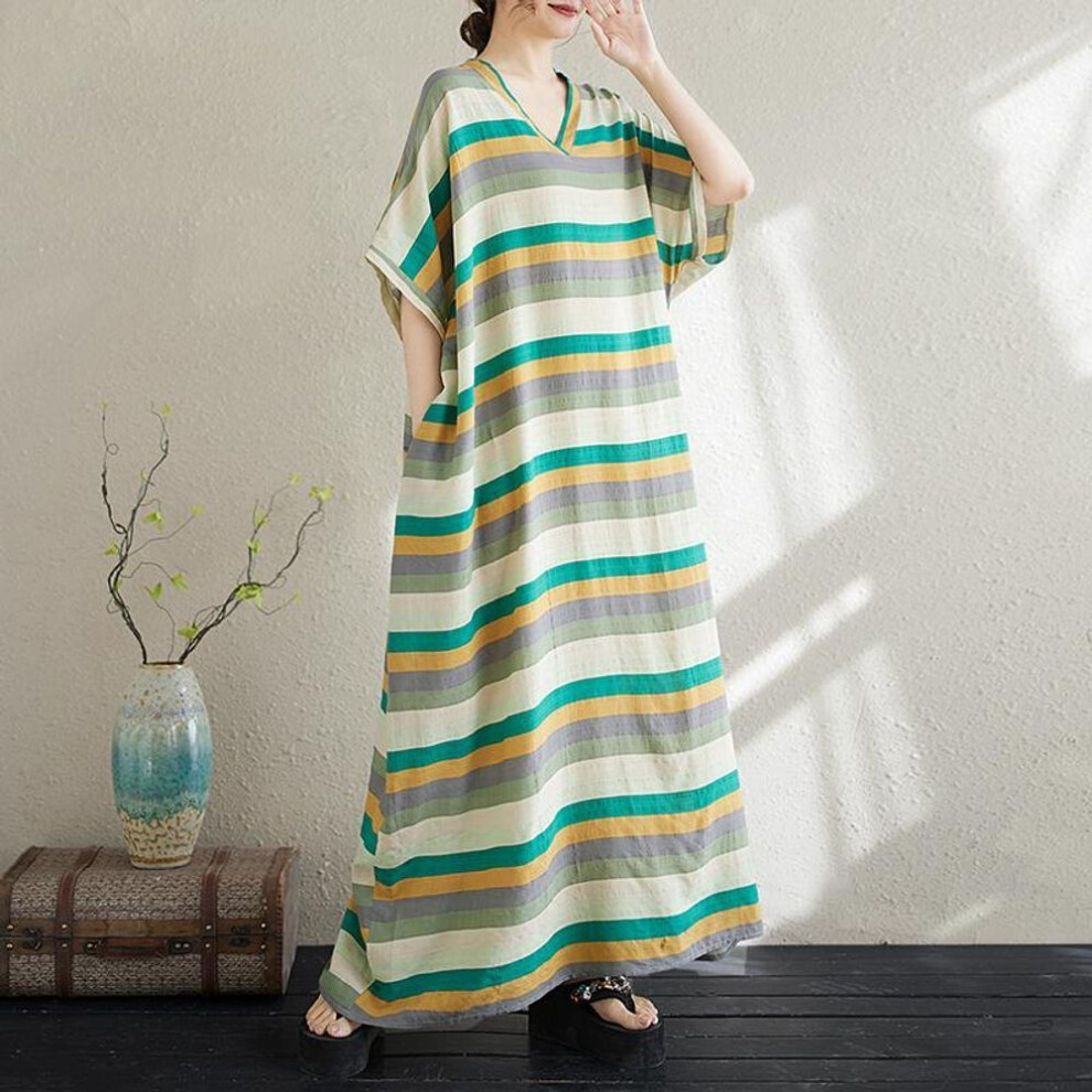 DIMANAF Women 2025 Summer Plus Size Casual Dress Basic Loose Vintage Long Dress Stripe Maxi Linen New