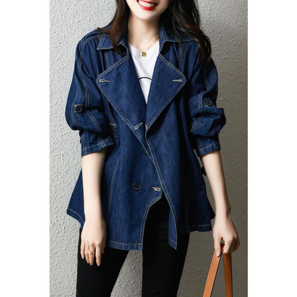(blue, Small) Lace-up Two-sleeve Cape-style Loose Denim Jacket For Women In Autumn
