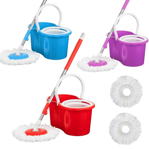 (BLUE) 360 Floor Magic Spin Mop Bucket Set with 2 Microfiber Dry Mop Heads - Adjustable Cleaning - Plastic 1