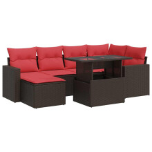 vidaXL 7-tlg. Garten-Sofagarnitur mit Kissen Braun Poly Rattan Akazie