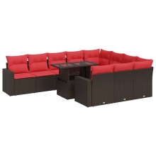 vidaXL 11-tlg. Garten-Sofagarnitur mit Kissen Braun Poly Rattan Akazie