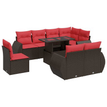 vidaXL 9-tlg. Garten-Sofagarnitur mit Kissen Braun Poly Rattan Akazie