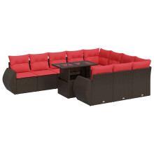 vidaXL 11-tlg. Garten-Sofagarnitur mit Kissen Braun Poly Rattan Akazie