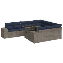 vidaXL 11-tlg. Garten-Sofagarnitur mit Kissen Grau Poly Rattan Akazie