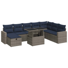 vidaXL 9-tlg. Garten-Sofagarnitur mit Kissen Grau Poly Rattan