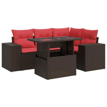vidaXL 5-tlg. Garten-Sofagarnitur mit Kissen Braun Poly Rattan Akazie