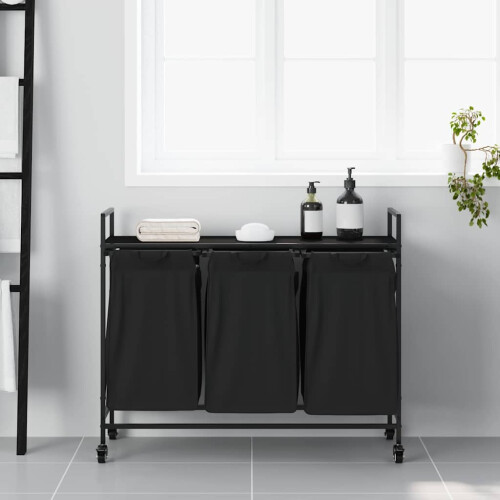 VidaXL vidaXL Laundry Basket 3 Compartments with Wheels Black Oak laundry hamper 2