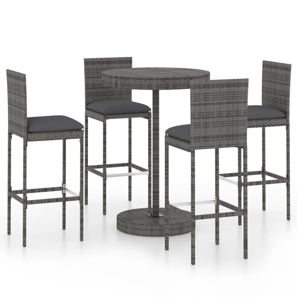 vidaXL Garden Bar Set 5 Piece with Cushions Poly Rattan Grey Table and Chair