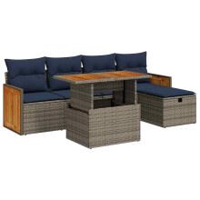 vidaXL 6-tlg. Garten-Sofagarnitur mit Kissen Grau Poly Rattan Akazie