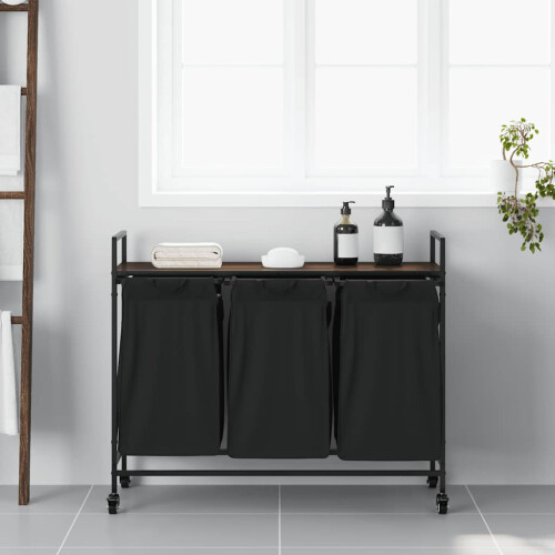 VidaXL vidaXL Laundry Basket 3 Compartments with Wheels Brown Oak laundry hamper 2