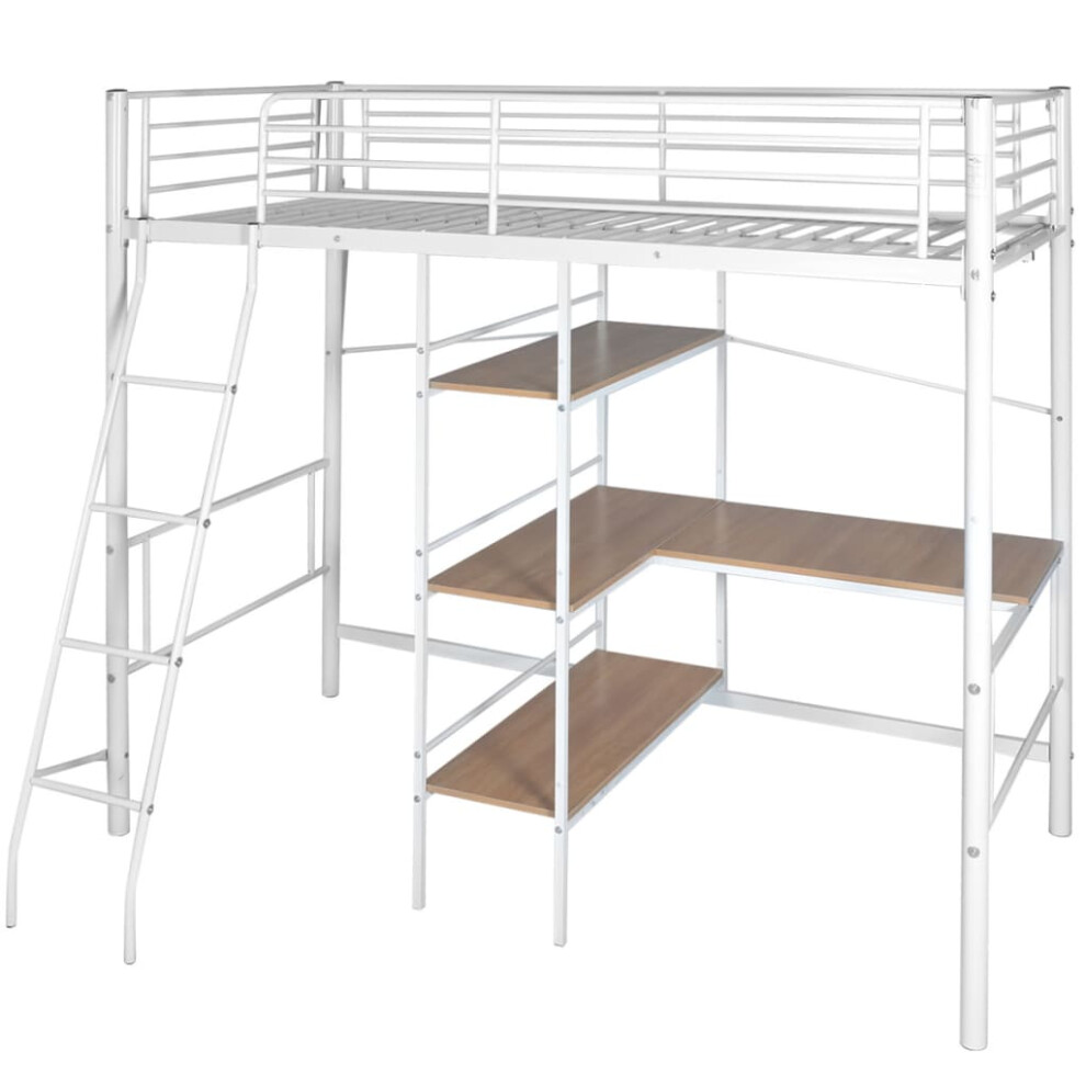 vidaXL High Sleeper Bed with Desk Metal 200x90cm White and Brown Loft Children