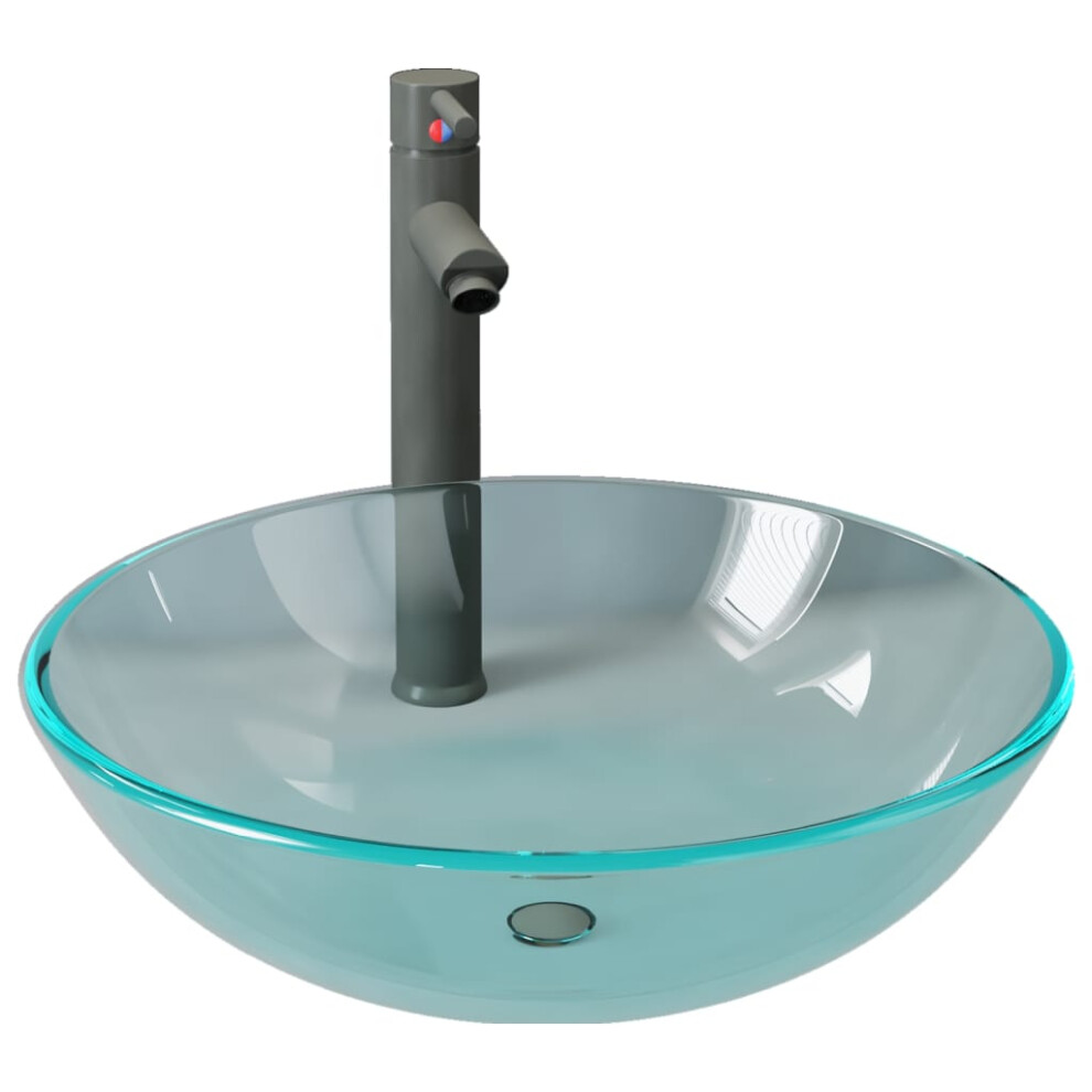 vidaXL Bathroom Sink with Tap and Push Drain Clear Tempered Glass Wash Basin