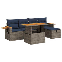 vidaXL 6-tlg. Garten-Sofagarnitur mit Kissen Grau Poly Rattan Akazie