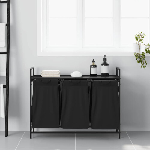 VidaXL vidaXL Laundry Basket 3 Compartments with Shelf Black Oak laundry hamper 2