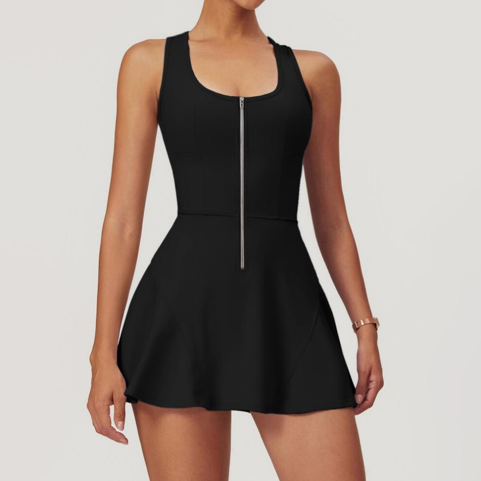 (black, S) Summer Women's Anti-Shine Bottom Sports Zipper Dress Women Solid Color Comfortable Outdoor Running Breathable Fitness Tennis Dresses