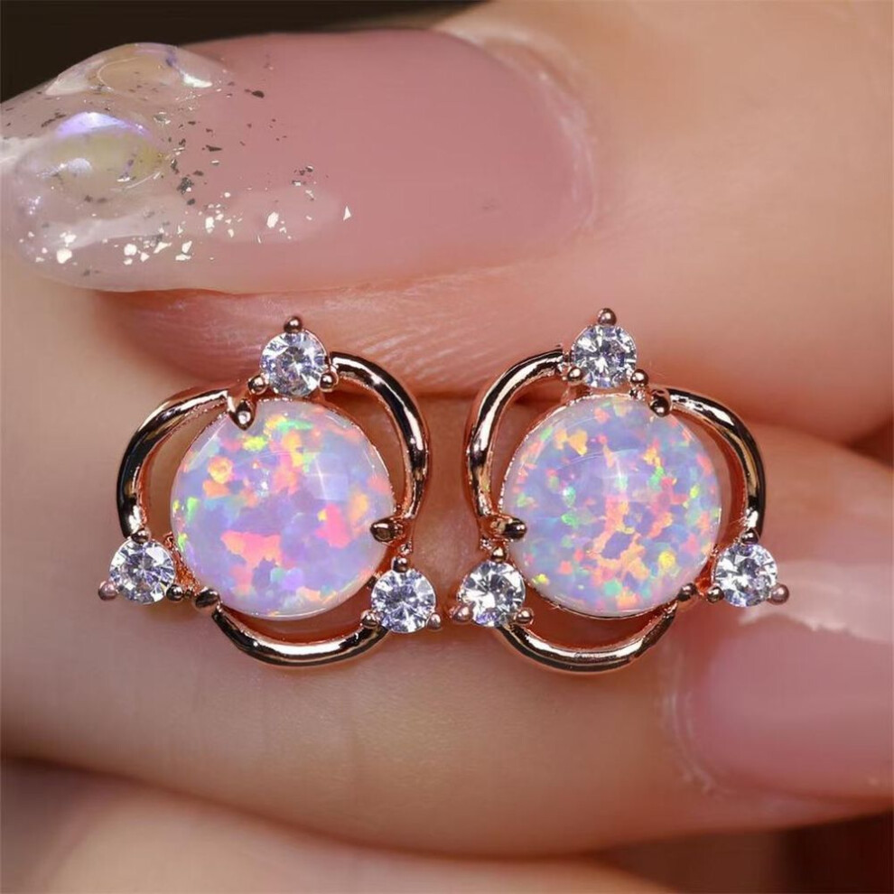 (white,gold, 1pair) Exquisite Copper Earrings Set with Opal Featuring Small Flower Design Elegant Retro Style for Autumn and Winter Valentine's Day