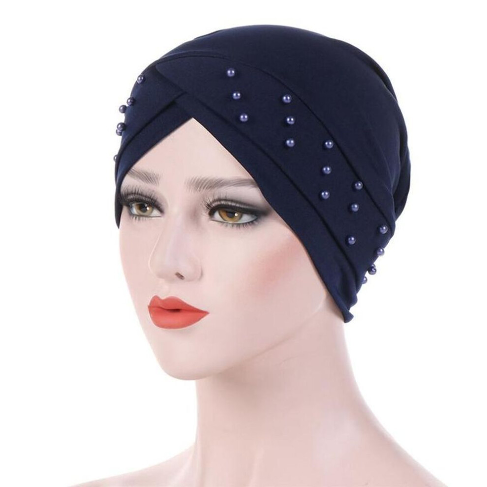 (One Size, dark blue) Women Beads Turban Hat Muslim Cancer Chemo Hair Loss Cap Women Hijab Head Wrap